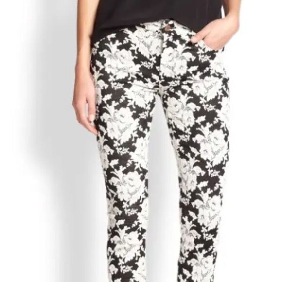 7 For All Mankind Black and White Embroidered Floral Skinny Pants, Size 26 - Picture 2 of 12